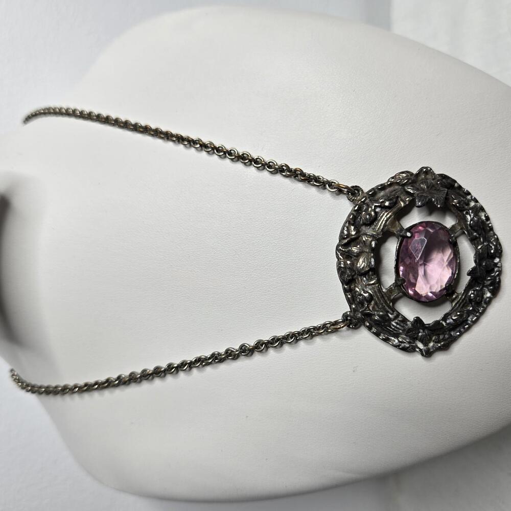 Vintage Floral Wreath Pendant Necklace Amethyst Glass Stone 1940s Jewelry